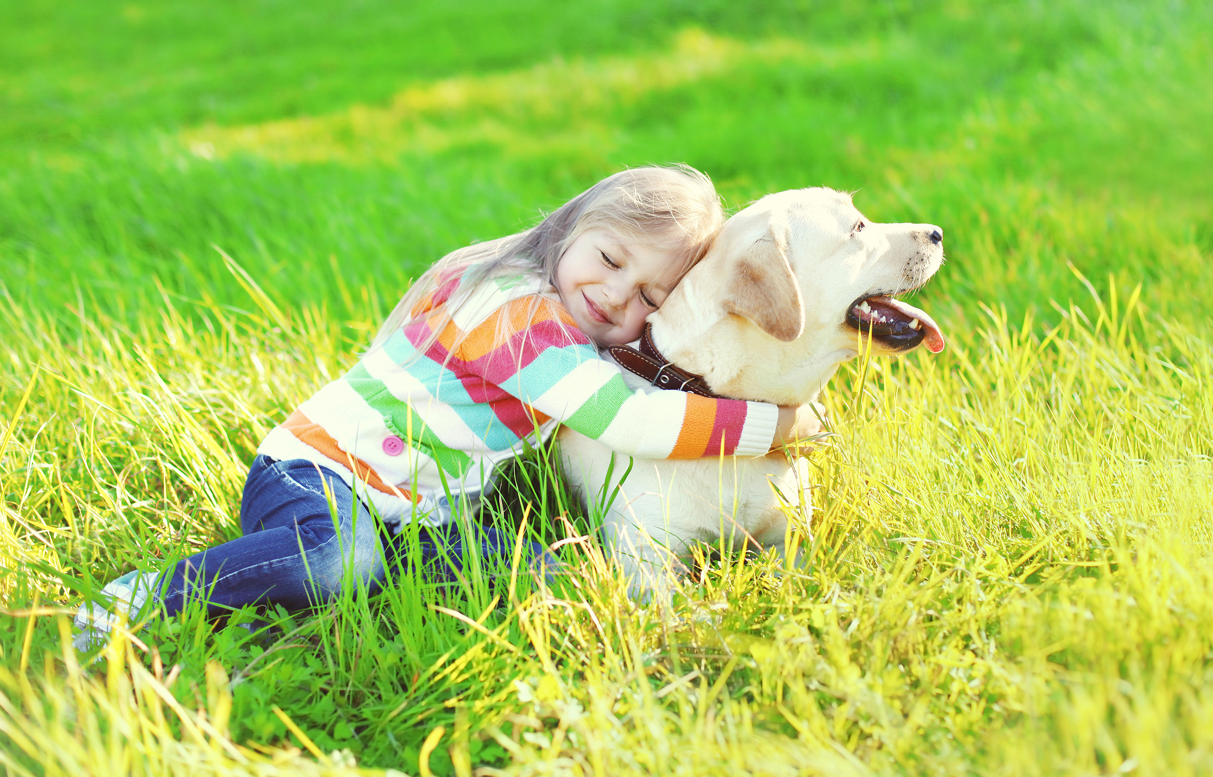 little girl hugging dog in grass